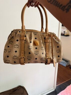 MCM Beige Visetos Logo Satchel with Gold Hardware
